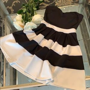 Black and white striped strapless dress